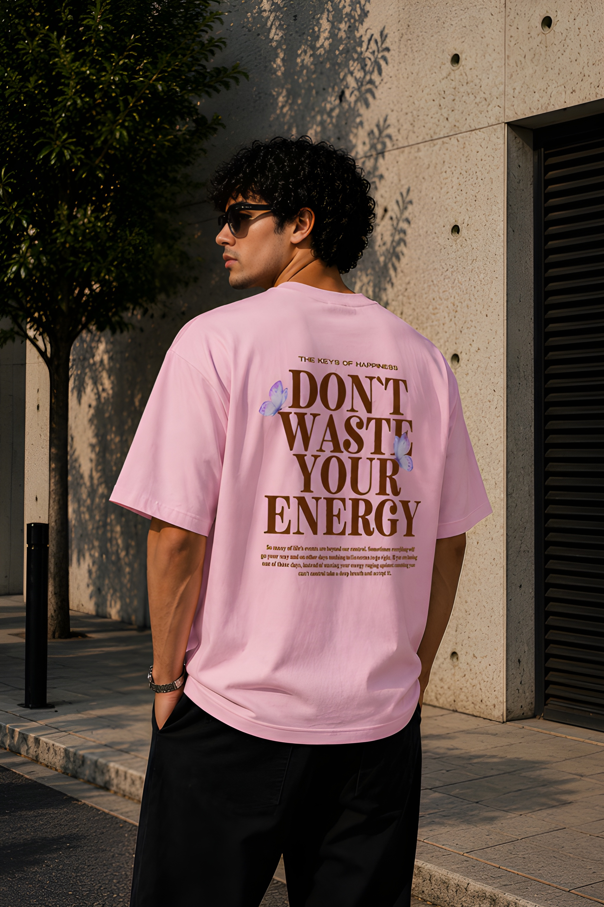 Antim Dont Waste Your Energy Oversized Pink T-Shirt Back Typography Print Butterfly Drop Shoulder Male Model Outdoor Streetwear India