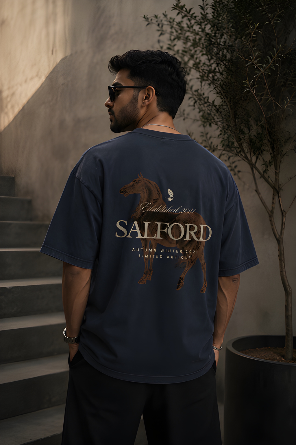 Antim Salford Oversized Navy Blue T-Shirt Horse Back Graphic Print Drop Shoulder Male Model Outdoor Streetwear India