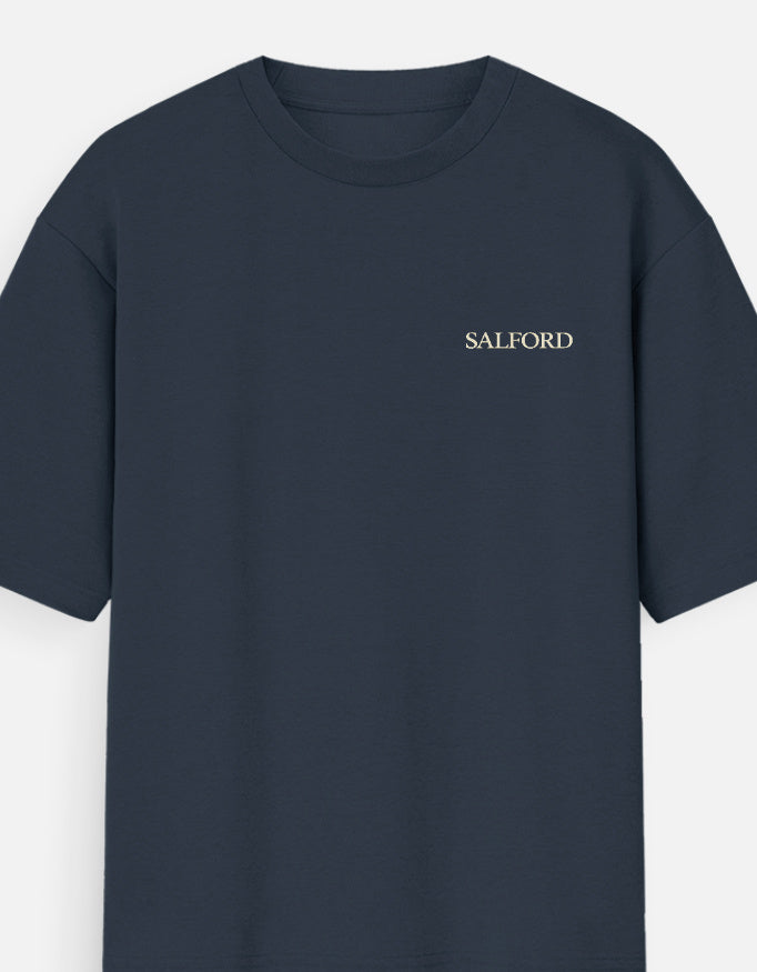 Antim Salford Chest Text Oversized Navy Blue T-Shirt Front Flat Lay Minimal Premium Streetwear India