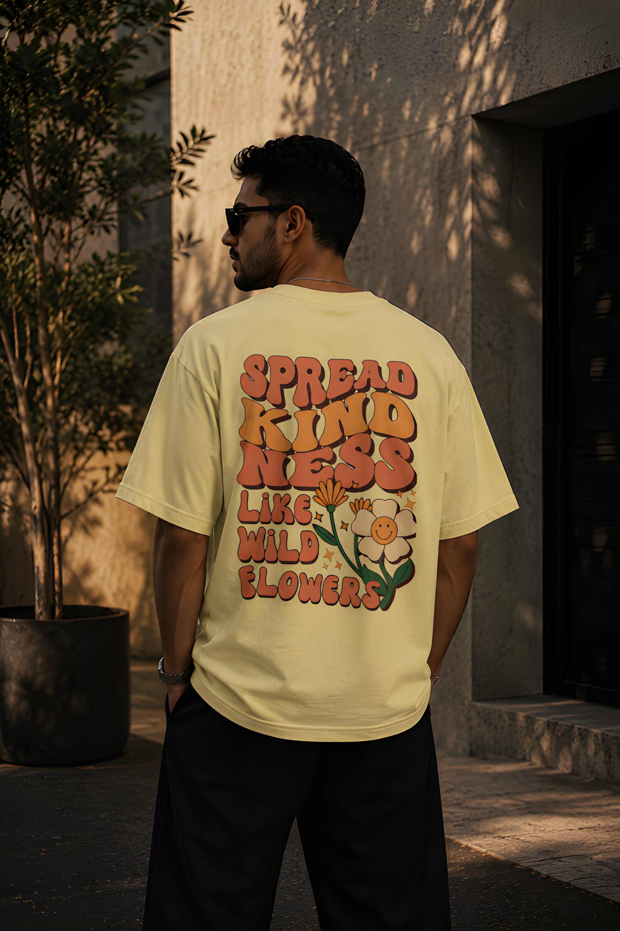 Antim Spread Kindness Like Wildflowers Oversized Beige T-Shirt Bold Retro Floral Back Print Drop Shoulder Male Model Outdoor Streetwear India