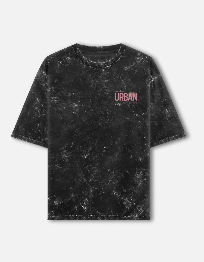 Antim Urban Fashion Chest Text Oversized Black Acid Wash T-Shirt Front Flat Lay Minimal Streetwear India