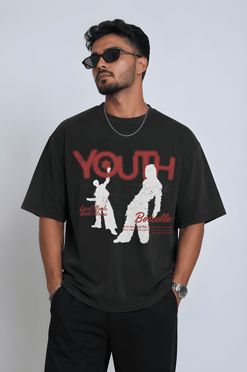 Antim Youth Oversized Black T-Shirt Bold Front Graphic Print Drop Shoulder Male Model Sunglasses Streetwear India
