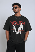 Antim Youth Oversized Black T-Shirt Bold Front Graphic Print Drop Shoulder Male Model Sunglasses Streetwear India